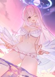  absurdres andersonalac angel_wings bikini blue_archive breasts choker cloud collar commentary_request cowboy_shot double_v dust female floating_hair frilled_bikini frills halo head_tilt highres in_water laughing long_hair medium_breasts mika_(blue_archive) night one_eye_closed outdoors pink_hair pink_halo pink_sky sky smile solo standing straight_hair swimsuit v water white_bikini wings yellow_eyes 