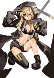  ;p absurdres alternate_costume bikini bikini_top_only black_boots black_gloves black_jacket black_thighhighs blonde_hair blush boots breasts cleavage commentary_request female full_body gloves green_eyes hair_between_eyes hand_on_own_head hand_up highres hood hood_up hooded_jacket jacket looking_at_viewer maka_albarn navel on_one_knee one_eye_closed open_clothes open_jacket short_shorts shorts simple_background single_thighhigh skull_belt smile solo soul_eater swimsuit thighhighs tongue tongue_out twintails white_background xijiux859985 