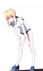  absurdres ahoge alternate_costume artoria_pendragon_(fate) blonde_hair blue_buruma braid braided_bun breasts buruma commentary_request fate/stay_night fate_(series) female full_body green_eyes hair_bun highres leaning_forward looking_at_viewer medium_breasts muryo_55555 parted_lips saber_(fate) shirt solo standing white_shirt 
