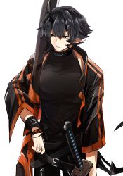  1boy arknights belt bishounen black_hair black_jacket black_pants black_shirt commentary_request cowboy_shot demon_boy demon_horns flamebringer_(arknights) hair_between_eyes highres holding holding_sword holding_weapon horns infection_monitor_(arknights) iwashi_80 jacket katana male_focus material_growth open_clothes open_jacket orange_eyes oripathy_lesion_(arknights) pants pointy_ears sheath sheathed shirt short_hair simple_background single_horn sleeveless sleeveless_shirt solo sword tail weapon white_background 