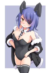  animal_ears between_breasts black_gloves black_jacket black_leotard black_thighhighs breasts checkered_necktie commentary_request detached_collar eyepatch fake_animal_ears female gloves headgear highres jacket kantai_collection leotard leotard_under_clothes looking_at_viewer medium_breasts necktie necktie_between_breasts okitarou_(okiyo) partially_fingerless_gloves playboy_bunny purple_background purple_hair rabbit_ears shirt short_hair skirt sleeveless solo strapless strapless_leotard tenryuu_(kancolle) tenryuu_kai_ni_(kancolle) thighhighs white_background yellow_eyes 