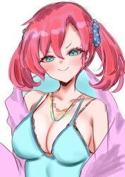  39_52 absurdres blue_camisole blue_eyes breasts camisole cleavage collarbone commentary_request digimon digimon_story:_cyber_sleuth female highres jacket jewelry large_breasts necklace pink_jacket red_hair shiramine_nokia simple_background solo spaghetti_strap twintails upper_body white_background 