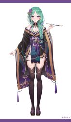  bare_shoulders black_kimono black_thighhighs braid breasts cleavage closed_mouth commentary_request female flower full_body green_hair green_nails hair_flower hair_ornament highres holding holding_smoking_pipe japanese_clothes kimono long_hair long_sleeves looking_at_viewer mairo multicolored_hair obi off_shoulder official_art ponytail purple_eyes purple_hair sandals sash simple_background smile smoking_pipe solo standing streaked_hair tabi thighhighs virtual_youtuber vspo! white_background wide_sleeves yakumo_beni 