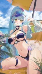  absurdres arm_support bare_shoulders beach bikini black_bikini blue_bikini blue_flower blue_hair blue_jacket blush breasts cleavage commentary_request cropped_jacket cross cross-laced_bikini cross-laced_clothes day earrings eyewear_on_head female flower full_body girls'_frontline girls'_frontline_2:_exilium green_eyes grin hair_flower hair_ornament hand_up happy highleg highleg_bikini highres hk416_(girls'_frontline) iron_cross jacket jewelry klukai_(cerulean_breaker)_(girls'_frontline_2) klukai_(girls'_frontline_2) kneeling large_breasts leaning_to_the_side long_hair medium_breasts momo_anzu navel ocean open_clothes open_jacket outdoors pink_flower ponytail purple_flower smile solo stomach sunglasses swimsuit thigh_strap thighs underboob very_long_hair visor_cap wet 