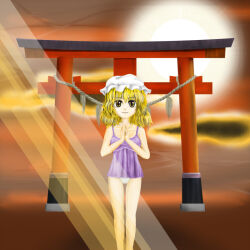  babydoll bad_id bad_pixiv_id blonde_hair commentary female hands_up hat kams looking_at_viewer maribel_hearn mob_cap own_hands_together panties purple_babydoll rope shimenawa short_hair smile sunlight torii touhou underwear white_hat white_panties yellow_eyes 