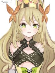  :d artist_name bare_shoulders blonde_hair blush breasts butterfly_hair_ornament celine_(fire_emblem) commentary_request crown female fire_emblem fire_emblem_engage flower green_eyes hair_between_eyes hair_flower hair_ornament highres looking_at_viewer open_mouth small_breasts smile solo upper_body white_background yukichi_(yukichi_rururu) 