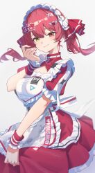  apron breasts commentary cowboy_shot dress female heterochromia highres hololive hololive_3rd_generation_live_outfit houshou_marine maid maid_headdress medium_breasts red_dress red_eyes red_hair reulem simple_background solo twintails untranslatable_commentary virtual_youtuber white_apron white_background yellow_eyes 