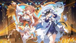  2girls animal_ears aqua_eyes arm_up bare_shoulders bear_ears bear_girl blue_dress blue_eyes blue_hair bodice braid braided_sidelock breasts brown_hair claw_pose cleavage cleavage_cutout clothing_cutout coat commentary_request covered_navel detached_sleeves double_bun dress flat_chest flower frilled_skirt frills fukuri_(verselink) hair_bun hair_flower hair_ornament highres holding holding_microphone large_breasts leg_up long_hair looking_at_viewer meiyaya_(verselink) microphone multicolored_hair multiple_girls nabezuru official_art one_eye_closed one_eye_covered open_mouth orange_bodice skirt smile stage stage_lights straight_hair sunflower sunflower_hair_ornament thighhighs two-tone_hair verselink very_long_hair waving white_coat white_hair white_skirt white_sleeves white_thighhighs wide_sleeves 