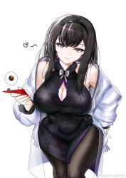  absurdres alternate_breast_size_(larger) alternate_costume arknights bare_shoulders bilibili_watermark black_dress black_eyes black_hair black_hairband breasts brown_pantyhose china_dress chinese_clothes chinese_commentary cleavage cleavage_cutout closed_mouth clothing_cutout coat commentary_request cowboy_shot dress female hair_between_eyes hairband heart highres holding large_breasts light_smile long_hair looking_at_viewer off_shoulder pantyhose priestess_(arknights) print_dress purple_pupils simple_background sleeveless sleeveless_dress solo standing watermark white_background white_coat xiwang_ni_kaixin_de_suo_suo_zi 