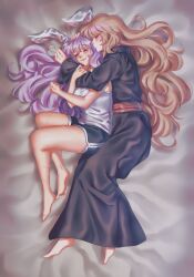  2girls alternate_costume animal_ears barefoot black_dress black_shorts blonde_hair camisole closed_eyes closed_mouth commentary commission dress english_commentary grey_camisole highres hug hug_from_behind junko_(touhou) long_hair lying missing_headwear multiple_girls on_side orz_(kagewaka) purple_hair rabbit_ears rabbit_girl reisen_udongein_inaba scar scar_on_arm scar_on_leg shorts sleeping smile spooning toes touhou very_long_hair yuri 