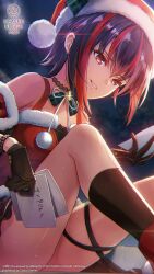  bare_shoulders black_gloves black_hair black_ribbon black_socks blurry blurry_background bow bowtie brown_skirt christmas copyright_name copyright_notice dual_wielding ear_piercing feet_out_of_frame female from_side fur-trimmed_headwear fur-trimmed_shirt fur_trim glint gloves green_bow green_bowtie hair_between_eyes hat heaven_burns_red highres holding holding_paper kneehighs knees_up leg_ribbon looking_at_object looking_down medium_hair mikoto_fubuki mikoto_fubuki_(frozen_moon_melting_heart) miniskirt multicolored_hair night official_alternate_costume official_art official_wallpaper outdoors paper parted_lips piercing plaid_bow plaid_bowtie plaid_clothes pom_pom_(clothes) red_eyes red_hair red_hat red_shirt ribbon santa_costume santa_hat shirt sidelighting sidelocks sitting skirt sky smile socks solo streaked_hair thighs two-tone_hair wolf_cut 