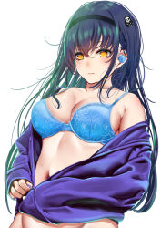  alternate_costume armpit_crease bare_shoulders black_hair black_hairband blue_bra blush bone_hair_ornament bra breasts bright_pupils cleavage closed_mouth collarbone commentary dutch_angle earphones eyelashes eyes_visible_through_hair female floral_print floral_print_bra hair_between_eyes hair_ornament hairband highres jacket kushima_kamome lace-trimmed_bra lace_trim large_breasts lingerie long_hair looking_at_viewer navel noir_(nowaru) open_clothes open_jacket out-of-frame_censoring partially_unzipped print_bra purple_jacket signature simple_background skull_and_crossbones skull_hair_ornament sleeves_past_wrists solo summer_pockets underwear upper_body very_long_hair white_background yellow_eyes zipper 