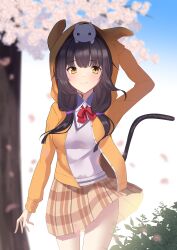  absurdres asakura_karen_(heaven_burns_red) black_hair bow bowtie cat_tail female heaven_burns_red highres hood hoodie low_twintails negino_yurine school_uniform tail twintails yellow_eyes 