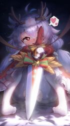  absurdres alternate_costume antenna_hair antlers apollo_(twinkle_star_knights) blue_hair blush bound bound_wrists bow bright_pupils capelet christmas commentary_request dark dress fake_antlers feet female gloves hair_between_eyes hairband half-closed_eye heart highres holding holding_sword holding_weapon horns knees_up light_particles long_hair long_sleeves looking_at_viewer low_twintails multicolored_hair no_shoes nose_blush official_alternate_costume one_eye_closed one_eye_covered open_mouth own_hands_together pantyhose rakkyo_(nebiusu30) red_dress red_eyes reindeer_antlers ribbon short_sword sitting smile solo spoken_heart sword torn_clothes torn_pantyhose twinkle_star_knights twintails two-tone_hair weapon white_gloves white_hairband white_pantyhose white_pupils yellow_bow yellow_ribbon 