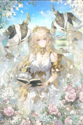  2others aglaea_(honkai:_star_rail) alternate_hair_length alternate_hairstyle bare_shoulders blonde_hair blue_sky book bracelet breast_tattoo breasts cleavage closed_mouth commentary_request cup detached_sleeves dress english_text female flower food garmentmaker_(honkai:_star_rail) gold_bracelet green_eyes hair_flower hair_ornament holding holding_book holding_tray honkai:_star_rail honkai_(series) jewelry large_breasts long_hair looking_at_viewer lv_zhu_xuan macaron multiple_others open_book outdoors pink_flower pink_rose rose sitting sky tattoo tea teapot tiered_tray tray very_long_hair white_dress 