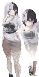  absurdres alternate_costume black_hair bra_strap bracelet breasts brown_skirt closed_mouth commentary cropped_legs english_commentary feet_out_of_frame female fishnet_pantyhose fishnets grey_hair hair_ornament hairclip harikyon_dzs highres hololive hololive_english jewelry large_breasts light_blush long_hair looking_at_viewer multicolored_hair multiple_views nerissa_ravencroft pantyhose parted_lips reference_inset shiori_novella shirt short_sleeves simple_background single_off_shoulder skirt smile split-color_hair standing two-tone_hair virtual_youtuber white_background white_shirt yellow_eyes 
