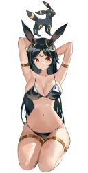  absurdres animal_ears armlet arms_behind_head arms_up bikini black_bikini black_hair breasts cleavage female forehead_jewel gold_armlet gold_thighlet highres humanization jewelry large_breasts long_hair looking_at_viewer navel photo-referenced photo_inset pokemon ppangchil red_eyes simple_background swimsuit thighlet thighs umbreon white_background 