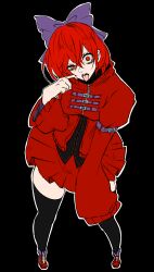  black_background black_shirt black_thighhighs bow breasts collar_tug commentary female full_body hair_between_eyes highres jacket long_sleeves looking_at_viewer medium_breasts medium_hair nap_muntarou purple_bow red_eyes red_hair red_jacket red_shoes red_skirt sekibanki shirt shoes skirt solo standing thick_thighs thighhighs thighs tongue tongue_out touhou zettai_ryouiki 