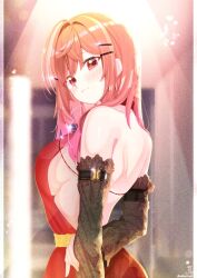  alternate_costume backless_dress backless_outfit bare_back blush breasts commentary_request detached_sleeves dress embarrassed evening_gown female film_grain from_behind from_side gradient_hair hair_ornament hairclip hand_on_own_arm heavy_film_grain highres hololive hololive_dev_is ichijou_ririka lace lace_sleeves large_breasts long_hair looking_at_viewer multicolored_hair orange_eyes red_dress shoulder_blades sideboob sleeve_garter solo twitter_username unier upper_body virtual_youtuber 