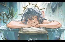  1boy alicevseliet bathing commentary earrings feet hair_between_eyes halo halo_behind_head hand_on_own_face head_wings highres honkai:_star_rail honkai_(series) in_bathtub jewelry long_hair looking_at_viewer male_focus nude smile soap_bubbles solo spiked_halo sunday_(honkai:_star_rail) toes untranslatable_commentary wings 