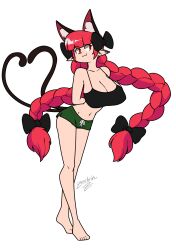  :3 alternate_costume animal_ear_fluff animal_ears arms_behind_back barefoot black_bow black_tank_top blunt_bangs bow braid breasts cat_ears cat_tail cleavage closed_mouth commentary_request english_commentary extra_ears female full_body green_shorts groin hairbow heart heart_tattoo highres kaenbyou_rin large_breasts long_hair looking_at_viewer multiple_tails navel pointy_ears red_eyes red_hair shorts side_braids simple_background solo tail tank_top tattoo touhou twin_braids two_tails very_long_hair white_background zedrin 