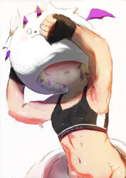  :p absurdres armpits arms_up black_gloves black_sports_bra blonde_hair brand_name_imitation calvin_klein character_costume commentary covered_eyes english_commentary female fingerless_gloves flat_chest gloves goondius grey_background groin highres hololive hololive_english hot mascot_costume mascot_head mococo_abyssgard multicolored_hair partially_shaded_face perroccino_(fuwamoco) pink_streaks presenting_armpit removing_costume simple_background sports_bra streaked_hair sweat toned toned_female tongue tongue_out very_sweaty virtual_youtuber 