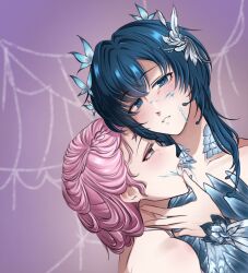  1boy androgynous backlighting bare_shoulders biting biting_neck blood blood_on_chest blood_on_face blue_blood blue_butterfly blue_collar blue_dress blue_eyes blue_hair blue_wrist_cuffs blush braid bug butterfly butterfly_on_head collar collarbone commentary crossdressing crossdressing_(mtf) detached_collar dress english_commentary evangelos_(shining_nikki) fangs feather-trimmed_dress feather_hair_ornament feathers female fingernails hair_intakes hair_ornament hair_rings hand_on_another's_neck highres lipstick long_hair makeup nephiliet nikki_(series) nonoberry22 parted_lips pink_hair pink_lips pointy_nose purple_background purple_eyes shining_nikki short_hair silk single_braid spider_web straight strapless strapless_dress updo upper_body wrist_cuffs 