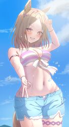  absurdres animal_ears arm_strap bare_shoulders bikini bikini_bottom_under_shorts bikini_under_clothes blonde_hair blue_shorts blue_sky blush breasts cloud commentary_request denim denim_shorts double_v ear_covers female highres horse_ears horse_girl horse_tail jewelry large_breasts looking_at_viewer narita_top_road_(umamusume) navel open_mouth purple_eyes short_hair shorts single_ear_cover sky smile solo stomach striped_bikini striped_clothes swimsuit tail thighlet umamusume uryua0324 v water wet 