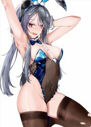  animal_ears armpits arms_up bare_shoulders black_hair black_thighhighs bow bowtie breasts exia_(hacker_rabbit)_(nikke) exia_(nikke) female goddess_of_victory:_nikke leotard looking_at_viewer low_twintails open_mouth playboy_bunny purple_eyes r_kt rabbit_ears see-through_clothes see-through_leotard simple_background small_breasts thick_thighs thighhighs thighs torn_clothes torn_thighhighs twintails white_background 