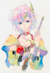  agahari armor blue_eyes breasts capelet choker cleavage commentary_request commission curtained_hair female floating_hair hair_between_eyes holding holding_sword holding_weapon langrisser langrisser_i looking_at_viewer narm_(langrisser) parted_bangs parted_lips pink_hair red_choker short_hair simple_background solo sword traditional_media upper_body weapon 
