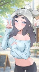  aged_up ansha_(pokemon) black_hair black_pants blue_eyes blue_sweater blurry blurry_background commentary_request female grin hat highres long_hair looking_at_viewer m3_(gardevoir_m3) midriff navel off-shoulder_sweater off_shoulder pants pokemon pokemon_legends:_z-a smile solo sweater v white_hat 