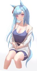  animal_ears bare_shoulders blue_hair blue_one-piece_swimsuit blush braid breasts cleavage closed_mouth collarbone commentary_request competition_school_swimsuit crown_braid ear_ornament female highres horse_ears horse_girl horse_tail jacket large_breasts long_hair looking_at_viewer mejiro_ardan_(umamusume) one-piece_swimsuit open_clothes open_jacket purple_eyes school_swimsuit simple_background single_vertical_stripe smile solo swimsuit tail tracen_swimsuit umamusume uryua0324 white_jacket 