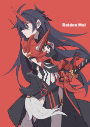  ahoge armor breasts character_name cleavage cleavage_cutout closed_mouth clothing_cutout commentary female holding holding_sword holding_weapon honkai_(series) honkai_impact_3rd horns katana large_breasts long_hair pauldrons purple_eyes purple_hair raiden_mei raiden_mei_(herrscher_of_thunder) red_background sheath sheathed shoulder_armor simple_background single_pauldron solo sword thighhighs very_long_hair weapon white_thighhighs yu_gu_mao 