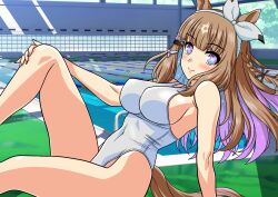  +_+ almond_eye_(umamusume) animal_ears arm_support blue_eyes blush bow bow_hairband braid braided_sidelocks breasts brown_hair colored_inner_hair commentary_request competition_swimsuit female hair_between_eyes hair_ornament hairband hairclip highres horse_ears horse_girl horse_tail lane_line large_breasts long_hair looking_at_viewer multicolored_hair one-piece_swimsuit pool poolside sitting smile solo swimsuit symbol-shaped_pupils tail umamusume water white_hairband white_one-piece_swimsuit x-shaped_pupils yuuyuu_(3jjbn) 