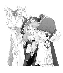  3girls absurdres aglaea_(honkai:_star_rail) animal_ear_fluff animal_ears breasts cat_ears cipher_(honkai:_star_rail) cleavage closed_eyes commentary_request dress ears_through_hood faceless faceless_female fingerless_gloves gloves greyscale grin hand_on_another's_head happy_tears highres honkai:_star_rail honkai_(series) hug leaning_forward mechanical_wings medium_breasts monochrome multiple_girls short_hair simple_background smile tearing_up tears tribbie_(honkai:_star_rail) twitter_username uwasewau wings 