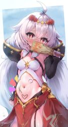  absurdres alternate_costume antenna_hair apollo_(twinkle_star_knights) bare_shoulders belly blue_hair blush body_writing breasts bright_pupils cleavage_cutout clothing_cutout commentary_request covered_nipples covering_own_mouth cowboy_shot detached_sleeves female flower four-pointed_star furrowed_brow garter_straps gold_trim hair_between_eyes hair_flower hair_ornament halterneck highres holding holding_paddle long_hair long_sleeves looking_at_viewer multicolored_hair navel official_alternate_costume paddle pelvic_curtain rakkyo_(nebiusu30) red_eyes red_flower shy side_cutout simple_background small_breasts solo stomach stomach_cutout tiara twinkle_star_knights twintails two-tone_hair very_long_hair waist_cape white_hair white_pupils 