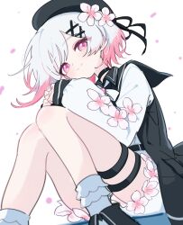  beret black_hat black_vest bobby_socks cherry_blossoms closed_mouth falling_petals feet_out_of_frame female floating_hair flower gradient_hair hashtag-only_commentary hat hat_flower highres knees_together_feet_apart knees_up long_sleeves looking_at_viewer mahou_shoujo_no_majo_saiban multicolored_hair own_hands_together petals pink_eyes pink_hair sakuraba_ema shirt short_hair short_shorts shorts simple_background sitting smile socks solo thigh_strap vest waipiiy white_background white_hair white_shirt white_shorts white_socks 