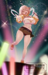  anis_(nikke) artist_name belt breasts cleavage detached_sleeves female glowstick goddess_of_victory:_nikke highres holding holding_microphone huge_breasts idol long_sleeves looking_at_viewer microphone midriff navel one_eye_closed open_mouth orange_shoes patreon_username peach-cup shoes short_hair short_shorts shorts smile stage standing standing_on_one_leg twitter_username 