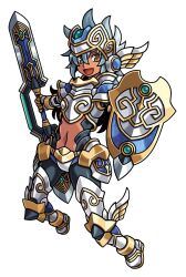  armor armored_boots black_pantyhose boots brown_eyes clothing_cutout dark-skinned_female dark_skin female gauntlets gold_trim grey_hair hair_between_eyes harakawa_mitsuhiro holding holding_shield holding_sword holding_weapon ikusa_mitsurugi midriff navel official_art open_mouth panties pantyhose shield shinrabanshou solo stomach_cutout sword third-party_source transparent_background underwear weapon white_panties 