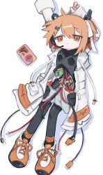  a.i._voice absurdres adachi_rei android arms_up black_pantyhose black_shirt cable clothes_lift commentary_request conecone_ch drop_shadow female headset highres jacket long_sleeves looking_at_viewer lying mechabare netsu_ijou_(utau) on_back open_clothes open_jacket orange_eyes orange_hair orange_shoes pantyhose shirt shirt_lift shoes sleeves_past_wrists sneakers solo utau white_background white_jacket 