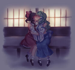 2girls absurdres ascot black_shoes blue_skirt blush bow breasts brown_hair closed_eyes commentary detached_sleeves english_commentary frilled_hair_tubes frilled_skirt frills frog_hair_ornament green_hair hair_ornament hair_tubes hairbow hakurei_reimu highres kissing kochiya_sanae large_breasts long_hair mary_janes multiple_girls orz_(kagewaka) red_bow red_skirt ribbon-trimmed_sleeves ribbon_trim shoes single_hair_tube sitting skirt skirt_set snake_hair_ornament socks touhou unmoving_pattern white_socks yellow_ascot yuri 