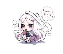  ahoge biyon_tran blue_archive blue_one-piece_swimsuit blush_stickers chibi chibi_only commentary doodle_sensei_(blue_archive) english_commentary female full_body highres hina_(blue_archive) hina_(swimsuit)_(blue_archive) long_hair missing_halo mouth_hold official_alternate_costume one-piece_swimsuit parted_bangs puff_of_air purple_eyes school_swimsuit sensei_(blue_archive) simple_background solo spoken_character swimsuit walking whistle white_background white_hair wings 