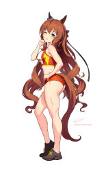  animal_ears aqua_eyes ass black_shoes blue_eyes blush bow breasts brown_hair brown_tail buruma commentary crop_top ear_bow english_commentary female full_body green_eyes hair_between_eyes hand_on_own_hip horse_ears horse_girl horse_tail kneepits long_hair looking_at_viewer maruzensky_(umamusume) midriff one_eye_closed open_mouth parted_lips patreon_username race_bib red_buruma red_sports_bra revenantart shoes signature simple_background solo sports_bikini sports_bra standing tail track_uniform umamusume very_long_hair white_background 