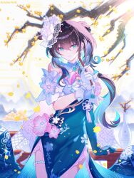  aqua_dress aqua_eyes aqua_gloves aqua_hair asymmetrical_gloves black_hair chest_jewel china_dress chinese_clothes closed_mouth commentary cowboy_shot crystal_earrings dress earrings elbow_gloves female flower gloves hair_flower hair_ornament hand_fan highres holding holding_fan honkai:_star_rail honkai_(series) jewelry light_smile long_hair mismatched_gloves multicolored_hair official_alternate_costume pelvic_curtain ponytail ruan_mei_(honkai:_star_rail) ruan_mei_(plumblossom_letter)_(honkai:_star_rail) sidelocks solo streaked_hair untranslatable_commentary viclim-monou white_flower white_gloves 