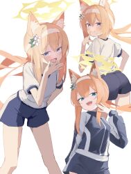  absurdres animal_ear_fluff animal_ears arm_at_side ass blue_archive blue_eyes blue_jacket blue_shorts blush closed_mouth commentary_request double-parted_bangs female finger_to_mouth flower gym_shirt gym_shorts gym_uniform hair_between_eyes hair_flower hair_ornament hairband halo hand_to_own_mouth hand_up highres index_finger_raised jacket legs_apart long_hair long_sleeves looking_at_viewer mari_(blue_archive) mari_(track)_(blue_archive) mesugaki multiple_views oerba_yun_fang open_mouth orange_hair raised_inner_eyebrows shirt short_shorts short_sleeves shorts simple_background skin_fang smile spell_phd standing track_jacket white_background white_hairband white_shirt yellow_halo 