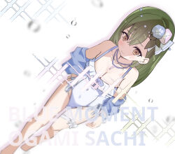 armpit_crease bare_shoulders bead_necklace beads blue_flower blue_jacket blue_moment_(love_live!) breasts brown_eyes character_name cleavage commentary_request cosplay covered_navel female flower frilled_one-piece_swimsuit frills green_hair hair_flower hair_ornament highres jacket jacket_partially_removed jewelry kachimachi_kosuzu kachimachi_kosuzu_(cosplay) link!_like!_love_live! llb long_hair long_sleeves love_live! morning_glory necklace ogami_sachi one-piece_swimsuit pink_flower solo song_name sparkle sweatdrop swimsuit virtual_youtuber white_one-piece_swimsuit 