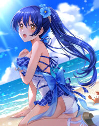  absurdres animal ankoro bare_shoulders beach blue_flower blue_one-piece_swimsuit blush cloud cloudy_sky commentary_request commission crab female flower hair_flower hair_ornament highres long_hair looking_at_viewer love_live! love_live!_school_idol_project ocean one-piece_swimsuit open_mouth orange_eyes pixiv_commission ponytail sandals sitting sky sonoda_umi swimsuit 