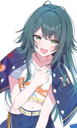  :d antenna_hair belt blue_pants blush breasts campus_mode!!_(idolmaster) clenched_hand clothes_writing clothing_cutout commentary_request crop_top cropped_shirt crossed_bangs dot_nose female gakuen_idolmaster green_eyes green_hair hair_between_eyes hair_ornament hairclip hand_up highres hip_vent idolmaster jacket jacket_on_shoulders kirizuki_reika letterman_jacket long_hair looking_at_viewer medium_breasts midriff navel open_mouth pants shirt short_sleeves sidelocks simple_background smile solo striped_belt sweat too_many_hair_ornaments tsukimura_temari white_background white_shirt 