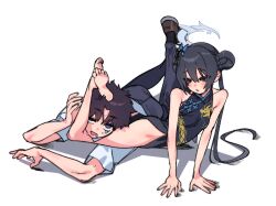  1boy bare_shoulders barefoot black_eyes black_hair blue_archive blue_eyes blush china_dress chinese_clothes commentary_request double_bun dress dress_shoes female full_body hair_between_eyes hair_bun highres je_o_mo kisaki_(blue_archive) no_panties sensei_(blue_archive) short_hair sidelocks simple_background twintails white_background 