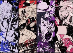  2boys 2girls acheron_(honkai:_star_rail) adjusting_clothes adjusting_headwear ashveil_(honkai:_star_rail) badge baseball_cap boothill_(honkai:_star_rail) bracelet breasts choker cowboy_hat cropped_jacket cyborg dogae english_text fedora finger_claws fishnets gloves green_eyes hashtag-only_commentary hat hat_feather holding holding_sword holding_weapon honkai:_star_rail honkai_(series) jewelry large_breasts long_hair midriff multicolored_hair multiple_boys multiple_girls partially_colored purple_eyes rappa_(honkai:_star_rail) sharp_teeth shorts smile strap streaked_hair sword symbol-shaped_pupils teeth very_long_hair weapon 